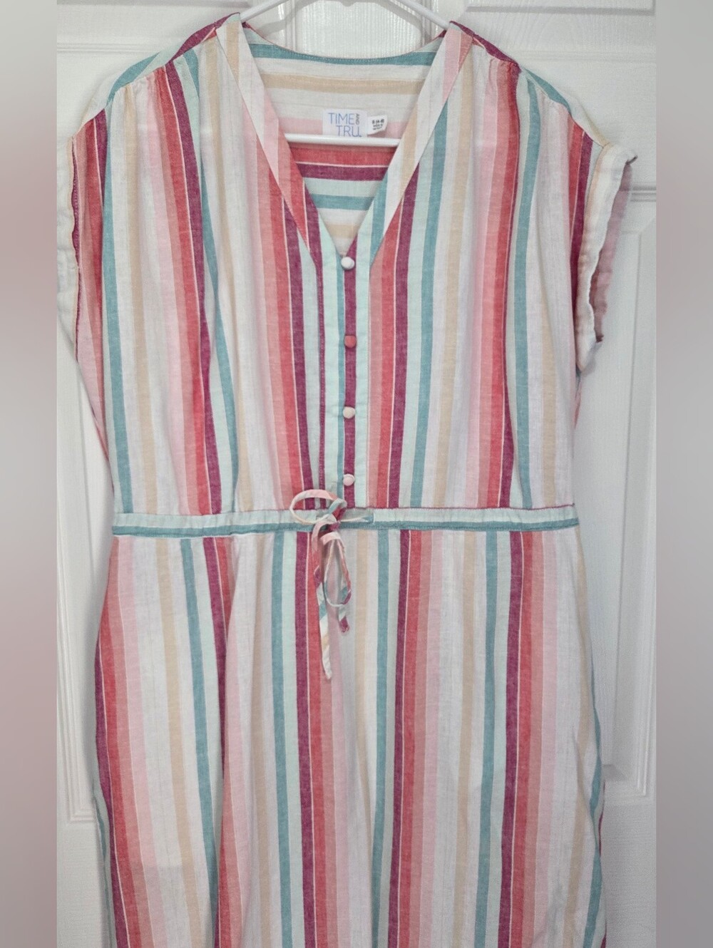 Time & Tru Linen Blend Pastel Vertical Stripe Midi Dress Drawstring Waist Small - Picture 2 of 10